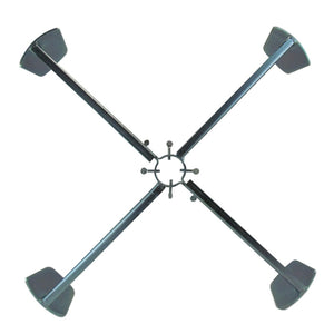 Squirrel Stopper Universal In-Ground Pole Stabilizer, featuring a metal cross with four shovel-shaped legs and multiple screws for anchoring bird feeder poles firmly in the ground.