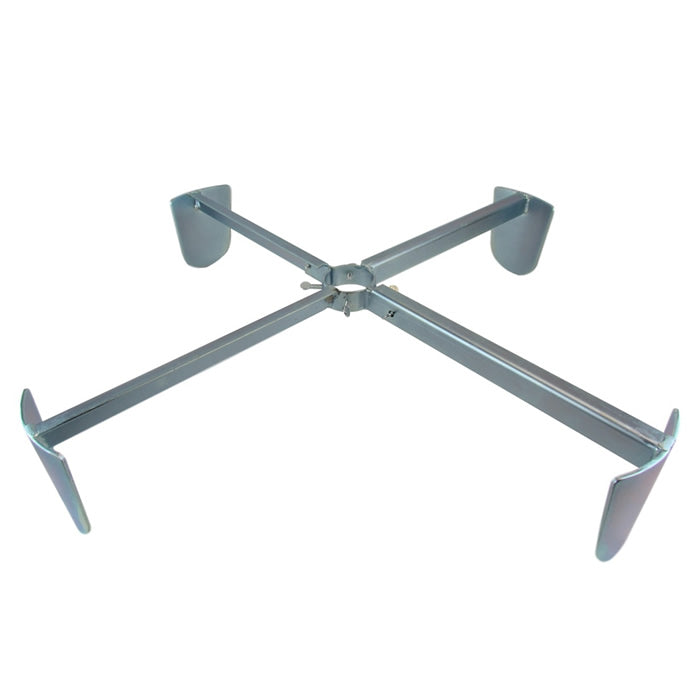 Squirrel Stopper Universal In-Ground Pole Stabilizer, a metal object with four shovel-shaped legs, designed to anchor and steady birdfeeder poles up to 2 inches in diameter.