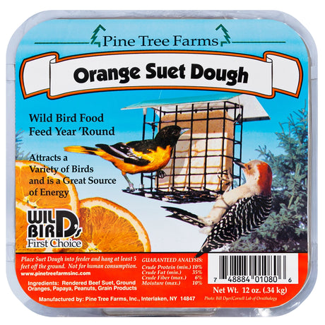 Orange Suet Dough Cakes, 12 Cakes: Packaged wild bird food featuring a label with orioles and woodpeckers, promoting energy-rich, year-round feeding with citrus and nut ingredients.
