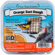 Plastic container of Orange Suet Dough Cakes with bird imagery, containing twelve 12 oz. suet cakes to attract fruit- and nut-eating birds.