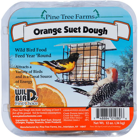 Plastic container of Orange Suet Dough Cakes with bird imagery, containing twelve 12 oz. suet cakes to attract fruit- and nut-eating birds.