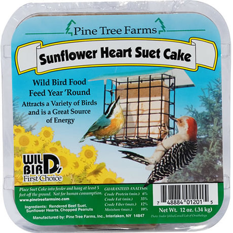 Sunflower Heart Suet Cakes, 12 Cakes, attract birds with high-energy ingredients like sunflower hearts and peanuts, shown in a package of wild bird food.