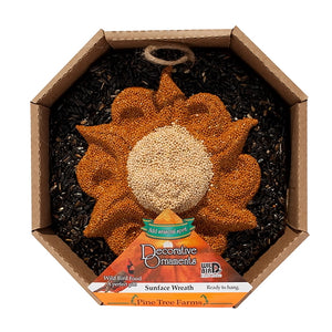 Sun Face Seed Wreath by Pine Tree Farms, a ready-to-hang, flower-shaped bird-seed wreath with a jute loop, ideal for attracting wild birds.