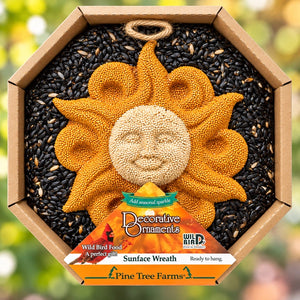 Sun Face Seed Wreath by Pine Tree Farms, a ready-to-hang, flower-shaped bird-seed wreath with a jute loop, ideal for attracting wild birds.
