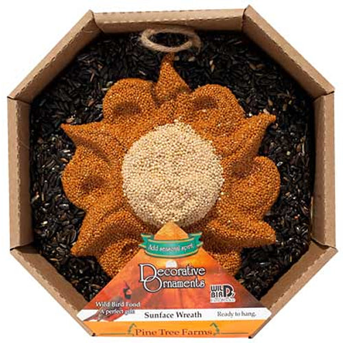 Sun Face Seed Wreath with a sunflower design made of black-oil sunflower seeds, decorated with millet; includes a jute hanger for easy display.