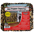 Hot Pepper Superior Blend Seed Cake, Large, in a square package, designed to attract a variety of birds and deter squirrels, visible on a metal structure.