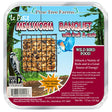 Le Petit Mealworm Banquet Seed Cake in a suet feeder cage, featuring dried mealworms, cranberries, sunflower kernels, and tree nuts for wild-bird feeding.