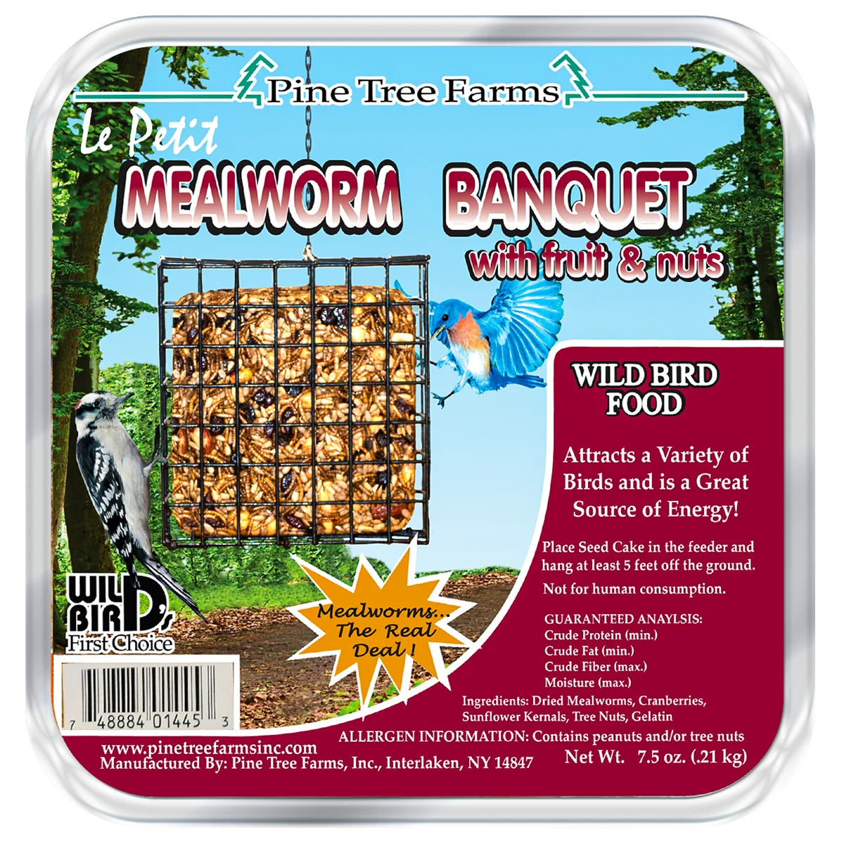 Le Petit Mealworm Banquet Seed Cake in a suet feeder cage, featuring dried mealworms, cranberries, sunflower kernels, and tree nuts for wild-bird feeding.