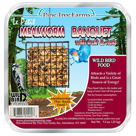Le Petit Mealworm Banquet Seed Cake in a suet feeder cage, featuring dried mealworms, cranberries, sunflower kernels, and tree nuts for wild-bird feeding.