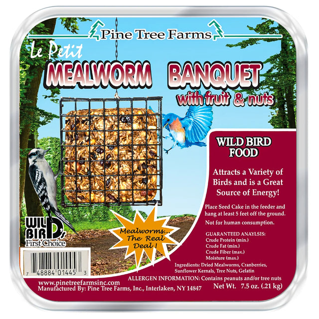 Le Petit Mealworm Banquet Seed Cake in a suet feeder cage, featuring dried mealworms, cranberries, sunflower kernels, and tree nuts for wild-bird feeding.
