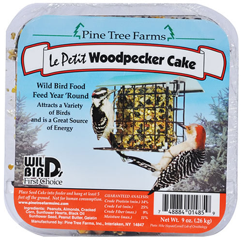 Le Petit Woodpecker Seed Cakes package featuring a bird, label, and barcode, ideal for year-round bird feeding with high-energy ingredients.