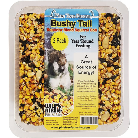 Bushy Tail Squirrel Cob, 2 Pack: A package of corn seed bars with nuts and sunflower seeds, ideal for feeding squirrels year-round without melting.