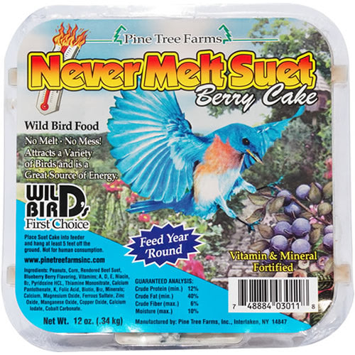 Never Melt Berry Suet Cakes, 12 Cakes, featuring a package with a blue bird image, barcode, and logo, ideal for attracting birds with its high-energy ingredients.