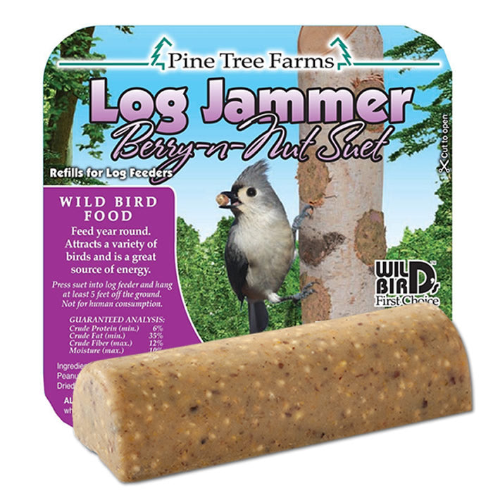 Log Jammer Berry-n-Nut Suet Plugs, 12 Plugs, shown in packaging with visible berries and nuts, designed to attract fruit- and nut-eating birds.