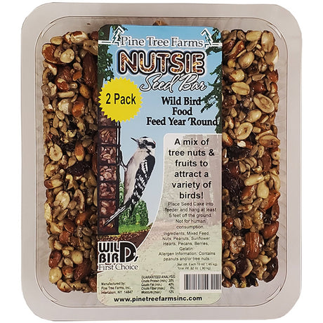 Nutsie Seed Bars, 2 Pack in a clear plastic container, featuring premium tree nuts, sunflower hearts, pecans, and dried fruit for bird feeding.