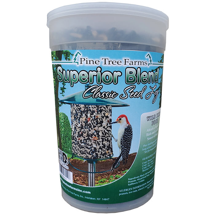 Superior Blend Classic Seed Log, Regular, shown in a container, ideal for attracting birds with its high-energy seed mixture.