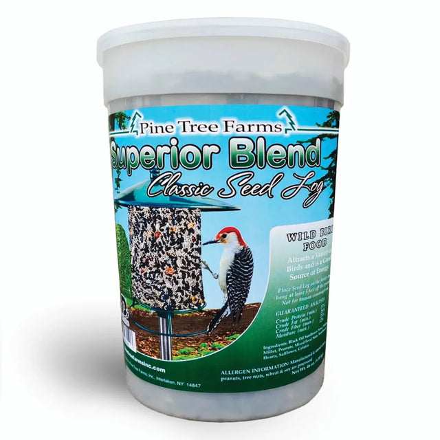 Superior Blend Classic Seed Log, Jumbo in plastic tub, featuring label with woodpecker, seed-and-suet log, ingredients, and size details for diverse bird feeding.