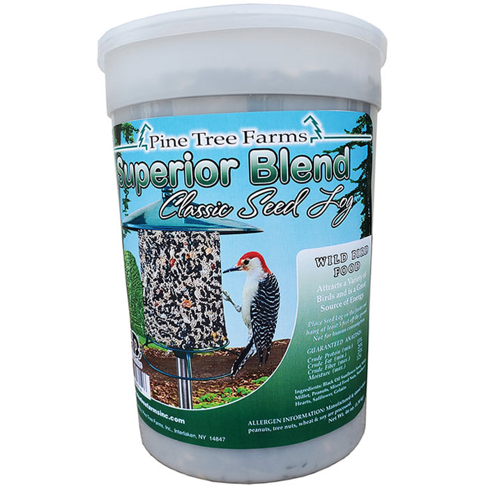 Superior Blend Classic Seed Log, Jumbo: White container labeled seed food, packed with high-energy seeds and nuts, perfect for attracting various birds year-round.