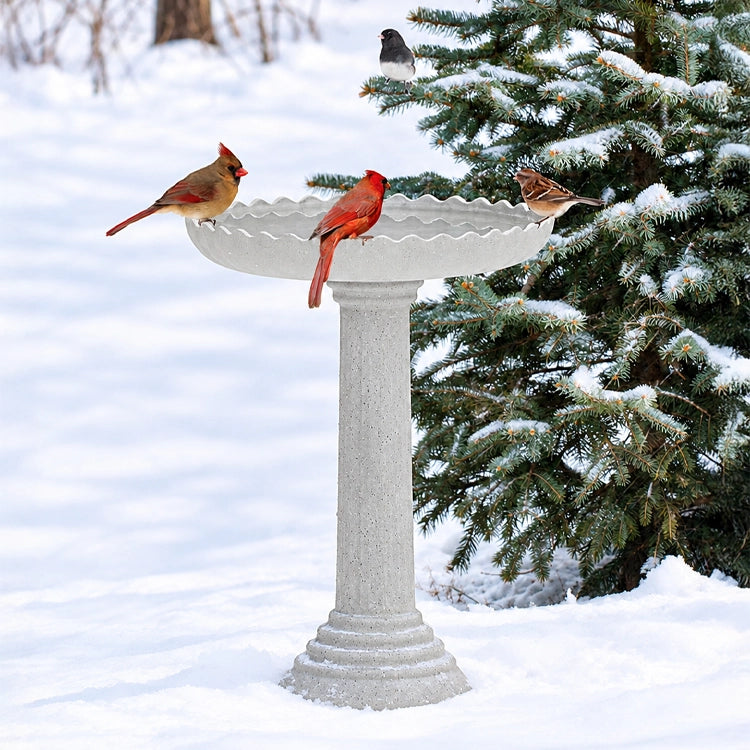 All Seasons Scalloped Bath in snow-covered yard with birds; features heated, stone-like design and scalloped edges on fluted pedestal beside an evergreen.