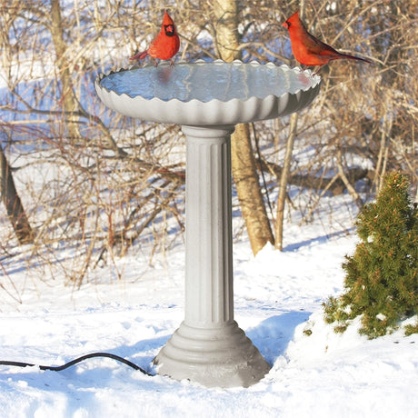 All Seasons Scalloped Bath with two cardinals on the rim, set in a snowy backyard, showcases its stone-like design and heated basin for winter use.