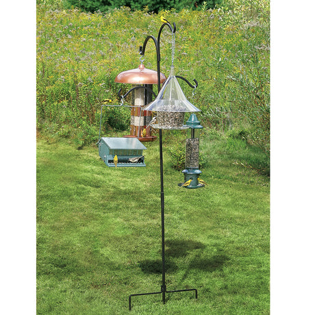 Heavy Duty Magnum Quad Hanger with four bird feeders on a pole, showcasing staggered arms for bird watching, made from rust-resistant steel.