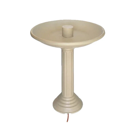 All Seasons Heated Bird Bath with a pedestal design, featuring a saucer-shaped dish and an electric cord for heating water to prevent freezing.