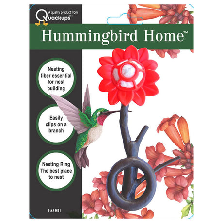 QuackUps Hummingbird Home with Nesting Fibers featuring a box with a hummingbird design, red flower, and clip for easy installment on branches.