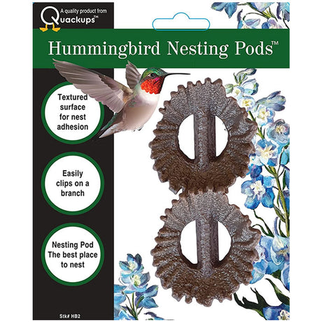 Hummingbird Nesting Pods, 2 Pack, featuring clip-on attachments for easy installation and a textured surface for secure nesting.