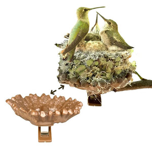 Hummingbird Nesting Pods, 2 Pack: Close-up of a hummingbird on a nest, showcasing secure, clip-on pods designed for easy attachment to branches.