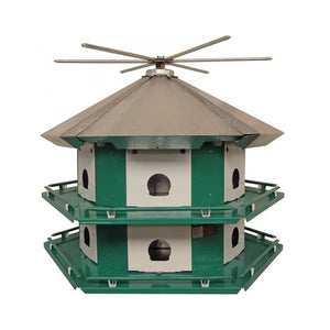 Nature House Mini-Castle Purple Martin System with 14' Pole, featuring a birdhouse with fan design, six roof perches, and safety guardrails.