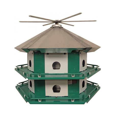 Nature House Mini-Castle Purple Martin System with 14' Pole, featuring a birdhouse with fan design, six roof perches, and safety guardrails.