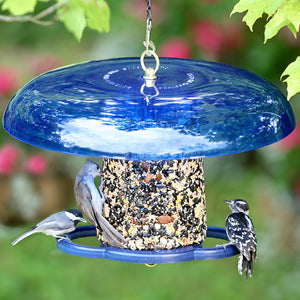 Duncraft Blue Baffled Seed Cylinder Feeder with birds feeding, featuring a tilt-top squirrel baffle and two circular perches, designed for versatile seed log use.