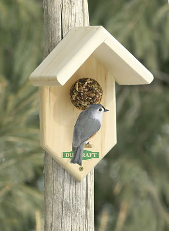 Duncraft Tree Mount Feeder: A bird perches on a pine feeder with a roof overhang, designed for fruits and seed balls, mounted on a post.