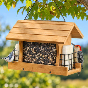 Premium Bamboo Ranch Feeder with suet feeders, showcasing birds clinging and perching, with visible seed levels through clear panels. Includes sturdy cable hanger, bamboo construction.