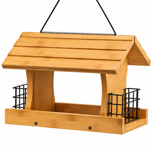 Premium Bamboo Ranch Feeder with Suet Feeders, featuring a wooden roof, clear side panels, and a cable hanger, designed for easy filling and bird viewing.