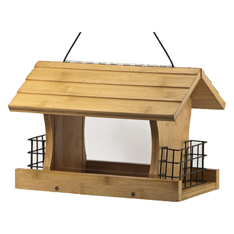 Premium Bamboo Ranch Feeder with Suet Feeders, featuring a wooden roof, clear side panels, and a cable hanger, designed for easy filling and bird viewing.