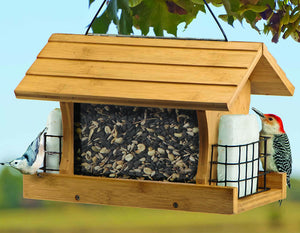 Premium Bamboo Ranch Feeder with suet feeders, showcasing birds clinging and perching, with visible seed levels through clear panels. Includes sturdy cable hanger, bamboo construction.