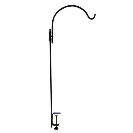 Platinum Cap Clamp-On Single Arm Deck Hanger Adjustable; black metal hook with a handle, designed for hanging bird feeders on deck railings.