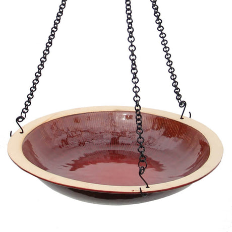 Hanging Radial Bird Bath, Autumn Red, with a 14-inch diameter stoneware basin and a 30-inch hanging chain, perfect for attracting birds.