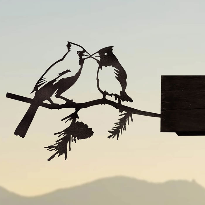 Kissing Cardinals, Regular—a metal sign depicting birds on a branch, crafted from durable Corten Steel, designed to weather beautifully and enhance outdoor spaces.