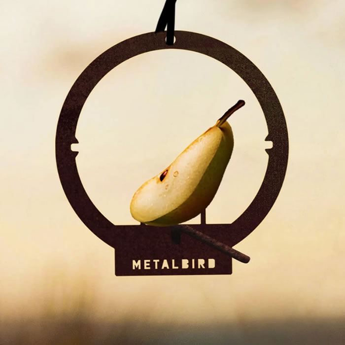 Hanging Bird Feeder: A metal bird feeder holding half a pear, crafted from durable Corten Steel, designed for attracting birds and adding charm to your garden.