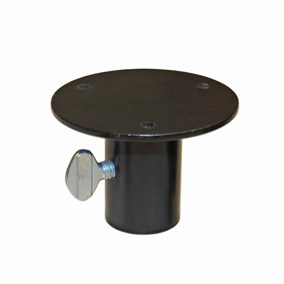 Black metal Flat Mounting Plate with a thumbscrew for securing bird feeders or houses to 1-inch poles. Includes zinc-plated screws for installation.