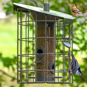 The Nuttery Roundhaus Seed Feeder, Celadon Green, with a bird perched on it, showcasing its durable metal design and easy-to-clean features.