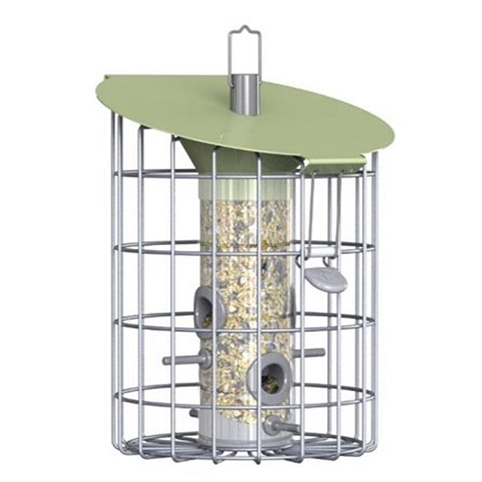 The Nuttery Roundhaus Seed Feeder, Celadon Green, with a green lid, metal hardware, and clear tube filled with bird seed.