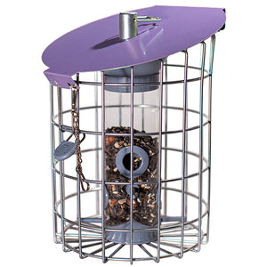 The Nuttery Roundhaus Seed Feeder, Aubergine: A rugged metal bird feeder with a built-in hopper and secure latch, designed to attract various birds while deterring squirrels.