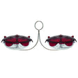 Droll Yankees Ruby Sipper Duo Hanging Feeder with two clear nectar dishes on a stainless steel bracket for hummingbirds.