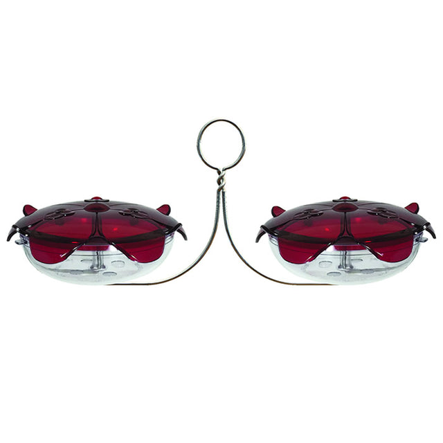 Droll Yankees Ruby Sipper Duo Hanging Feeder with two clear nectar dishes on a stainless steel bracket for hummingbirds.