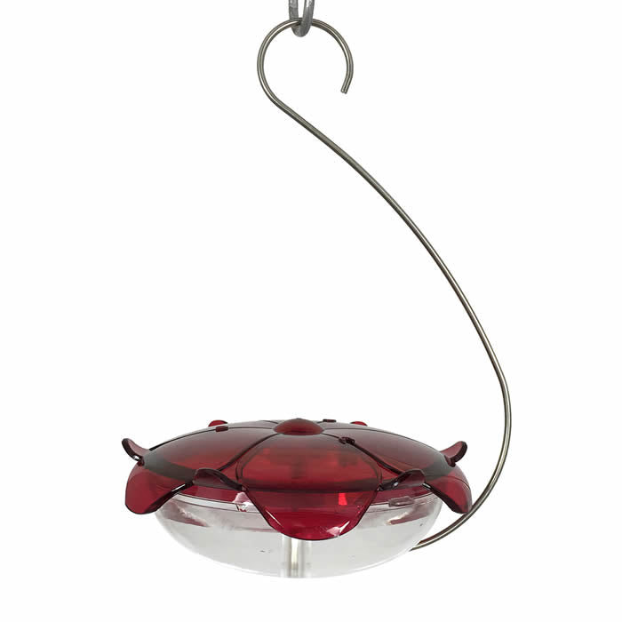 Droll Yankees Ruby Sipper Hanging Feeder with red flower design, clear nectar dish, and three feeding ports. Easy to clean and hang with stainless steel hanger.