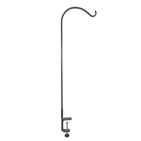 Wrought Iron Clamp-On Single Arm Deck Hanger shown with a close-up of its sturdy black metal pole, featuring a black handle for easy adjustment.