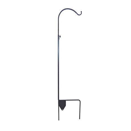 Adjustable Single Arm Staff, a black wrought iron pole with a hook, designed for height adjustment from 49 to 82 inches, features a stabilizing ground stake.